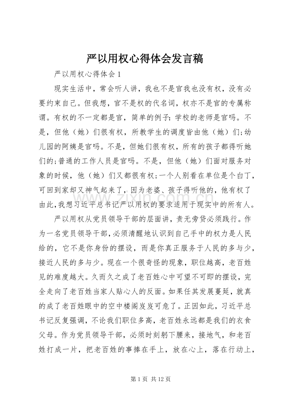 严以用权心得体会发言稿范文.docx_第1页