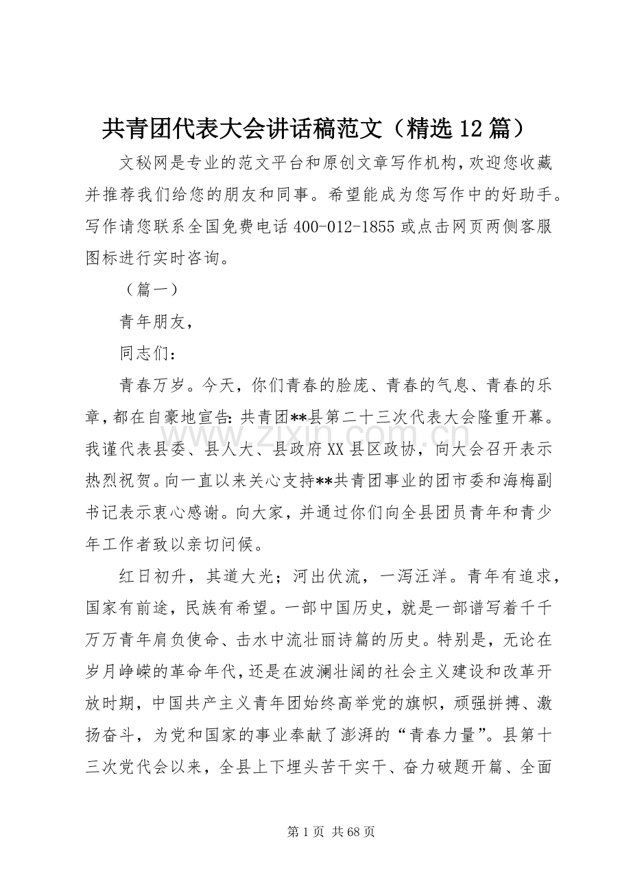 共青团代表大会讲话稿范文（12篇）.docx_第1页