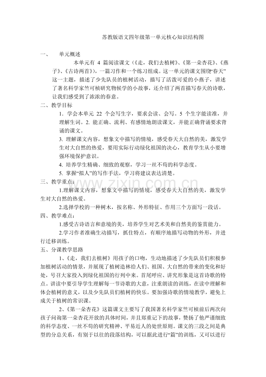 苏教版语文四年级第一单元核心知识结构图.doc_第1页