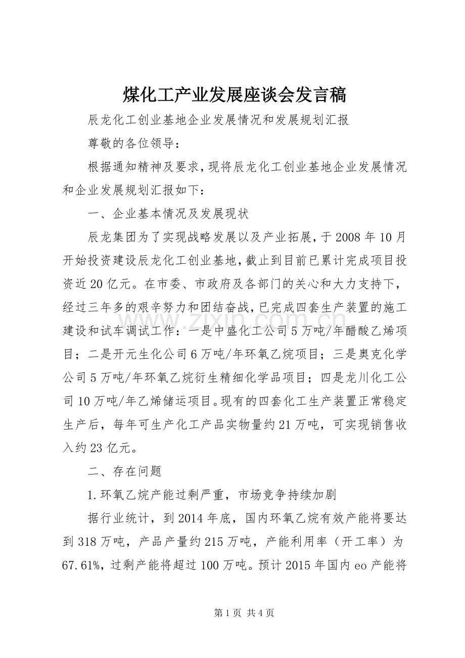 煤化工产业发展座谈会发言.docx_第1页