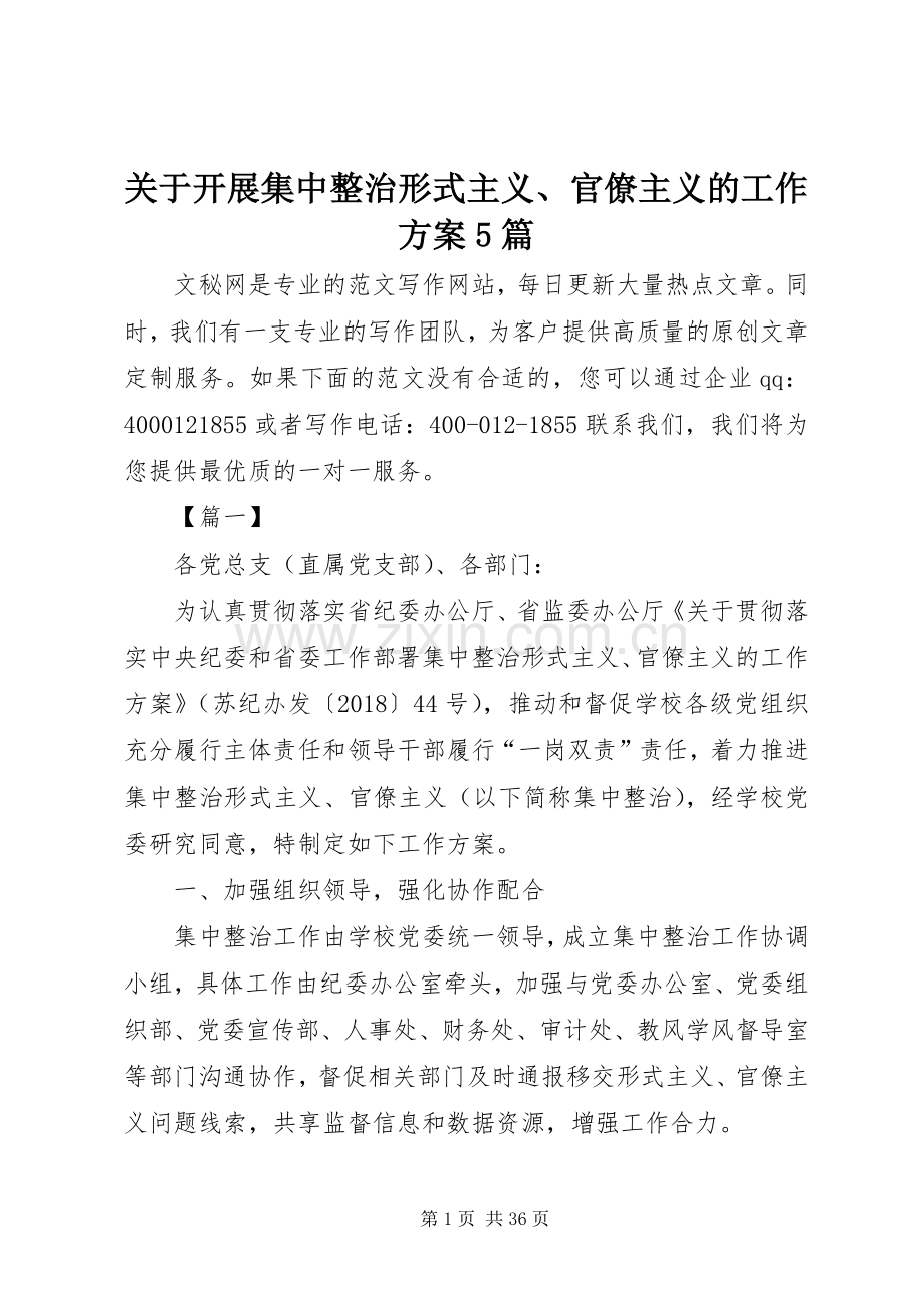 关于开展集中整治形式主义、官僚主义的工作实施方案5篇.docx_第1页