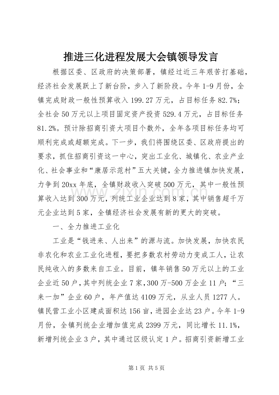 推进三化进程发展大会镇领导发言稿.docx_第1页