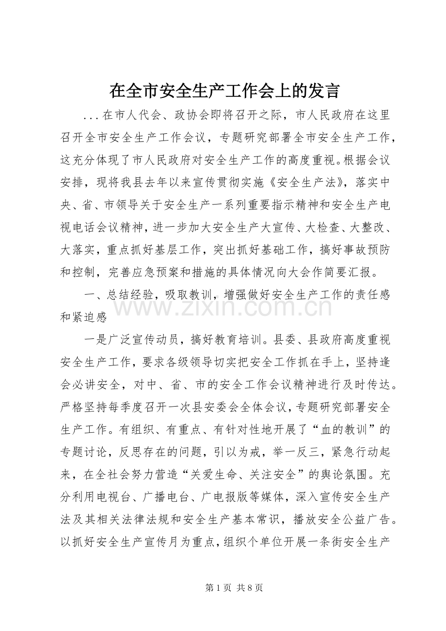 在全市安全生产工作会上的发言稿.docx_第1页