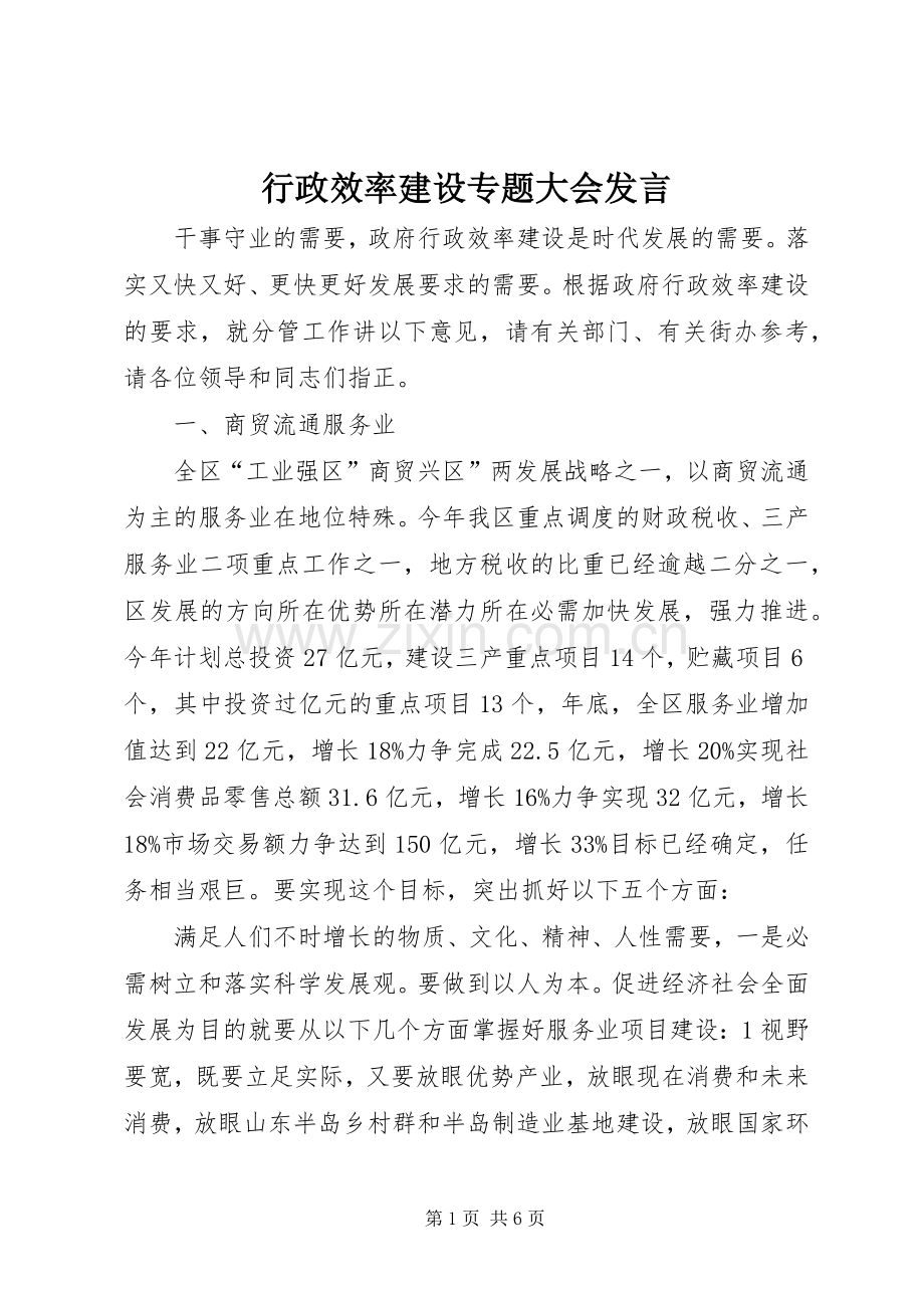 行政效率建设专题大会发言.docx_第1页