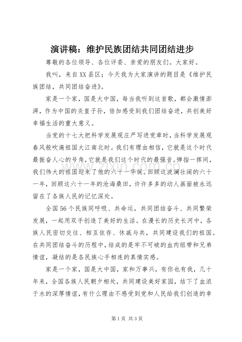 演讲稿：维护民族团结共同团结进步.docx_第1页