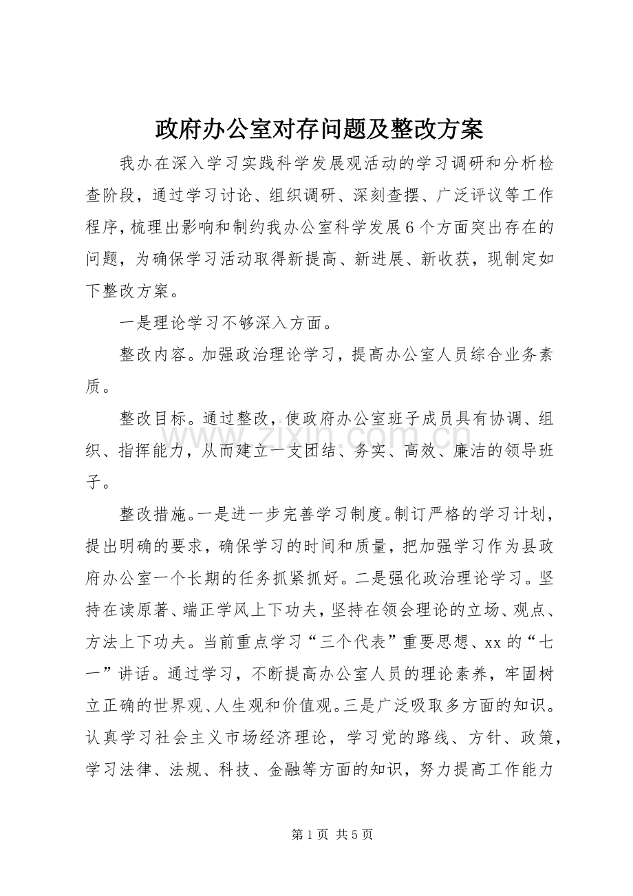 政府办公室对存问题及整改实施方案 .docx_第1页