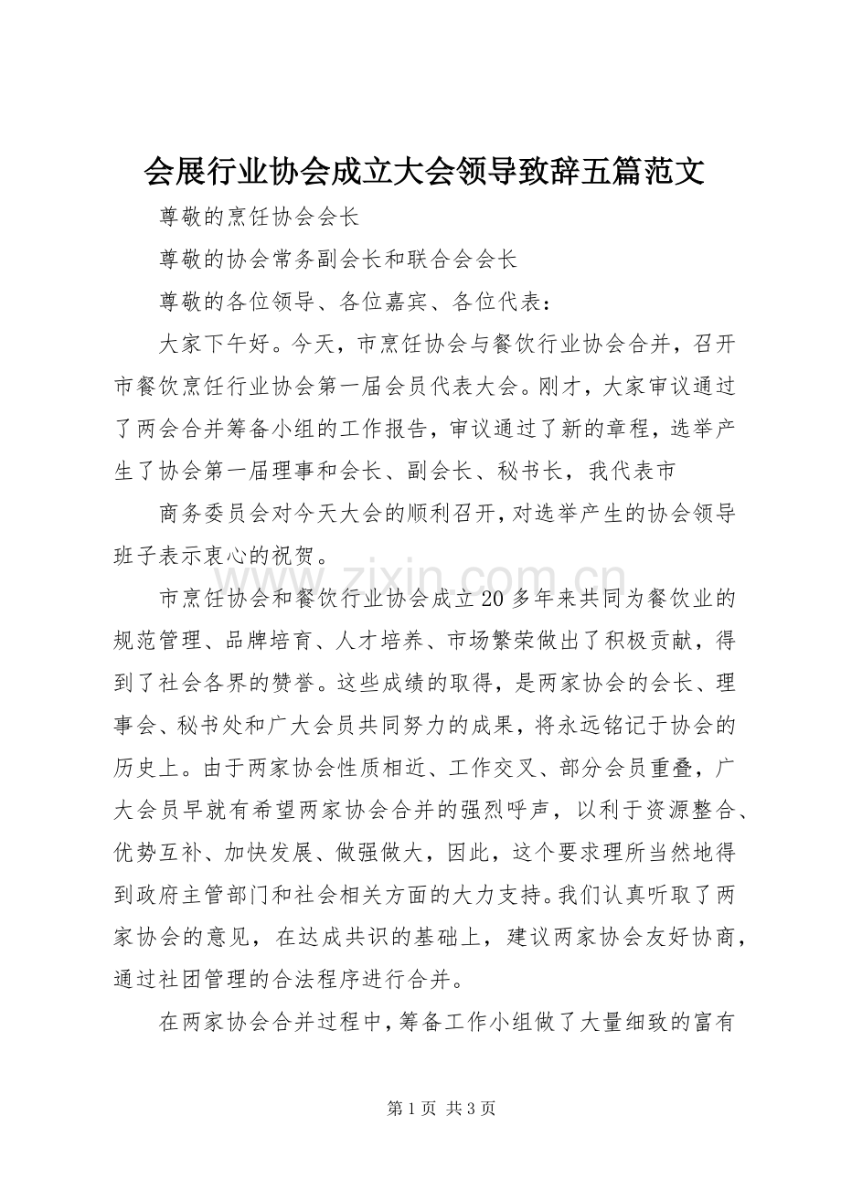 会展行业协会成立大会领导演讲致辞五篇范文.docx_第1页