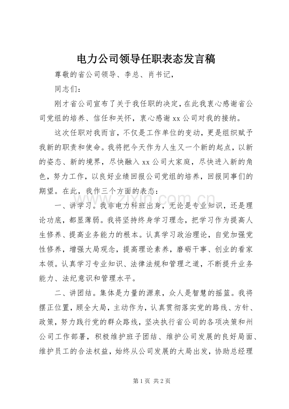 电力公司领导任职表态发言.docx_第1页