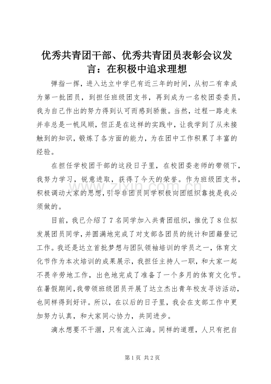 优秀共青团干部、优秀共青团员表彰会议发言稿：在积极中追求理想.docx_第1页