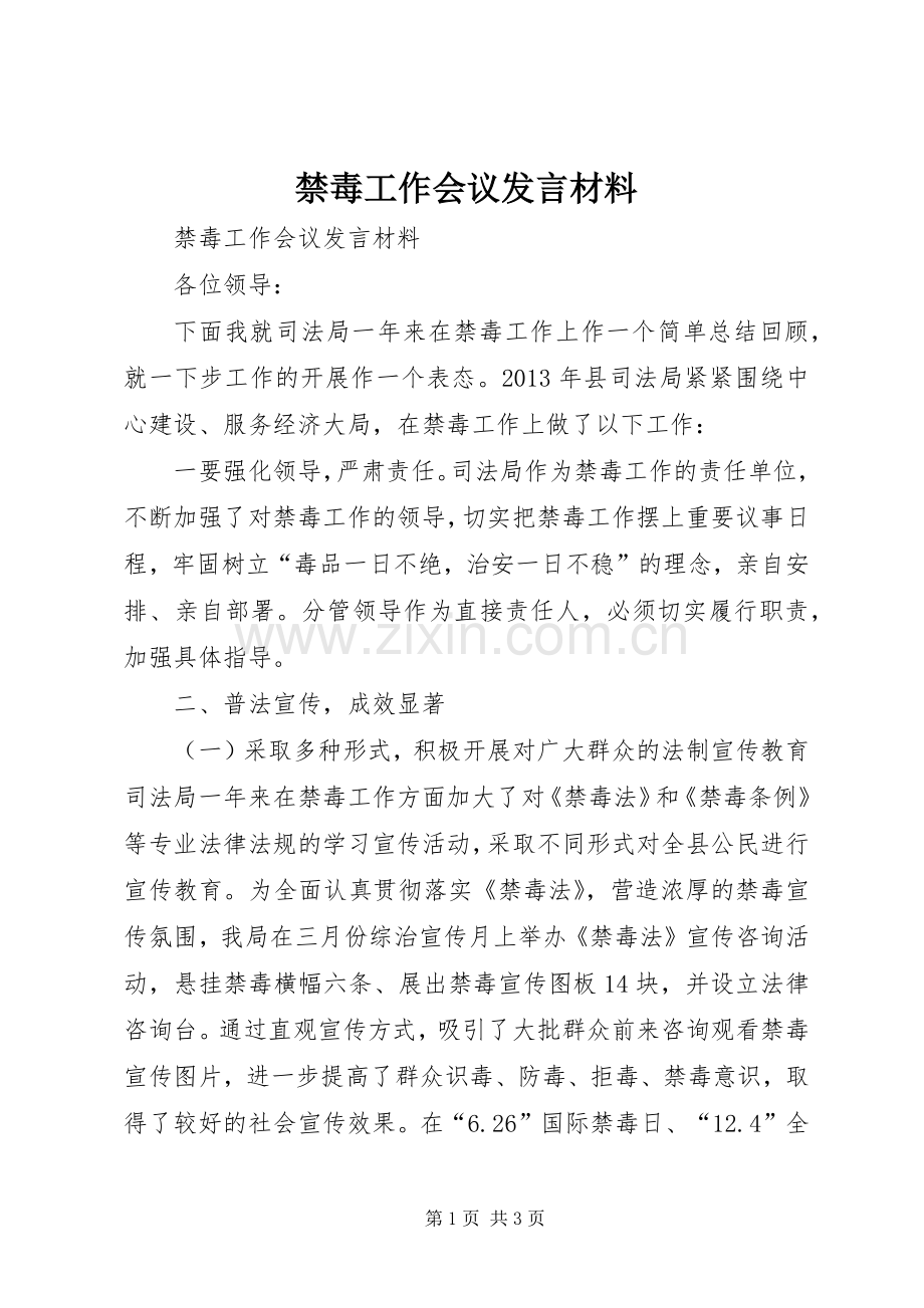 禁毒工作会议发言材料致辞.docx_第1页