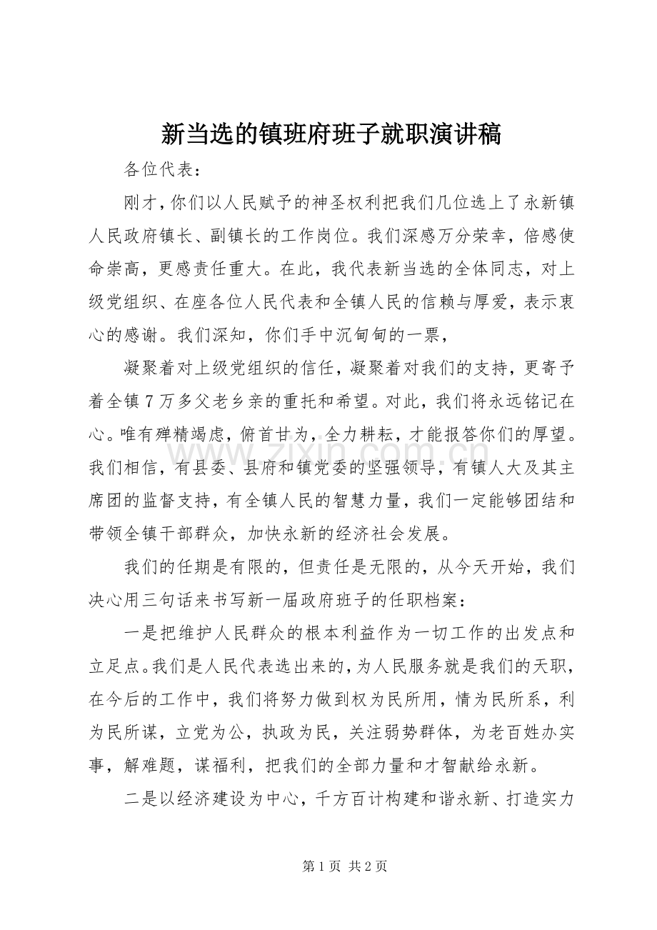 新当选的镇班府班子就职演讲稿范文.docx_第1页