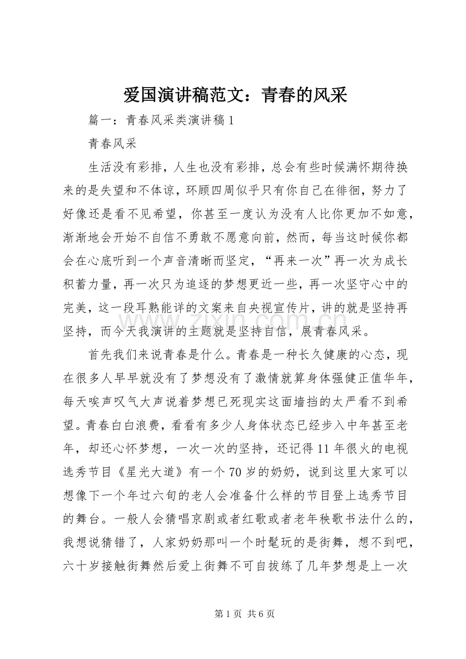 爱国演讲稿范文：青春的风采.docx_第1页