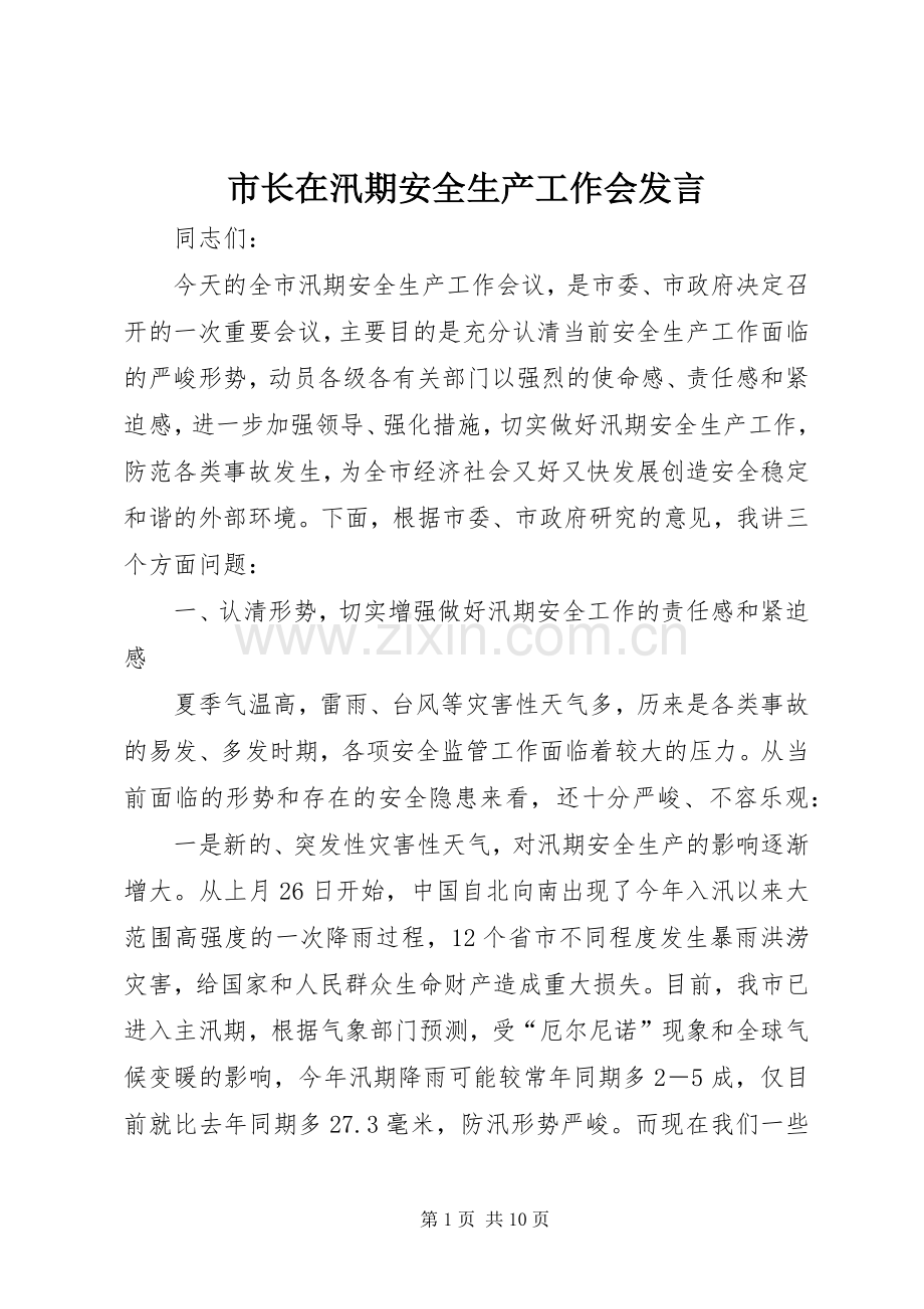 市长在汛期安全生产工作会发言.docx_第1页