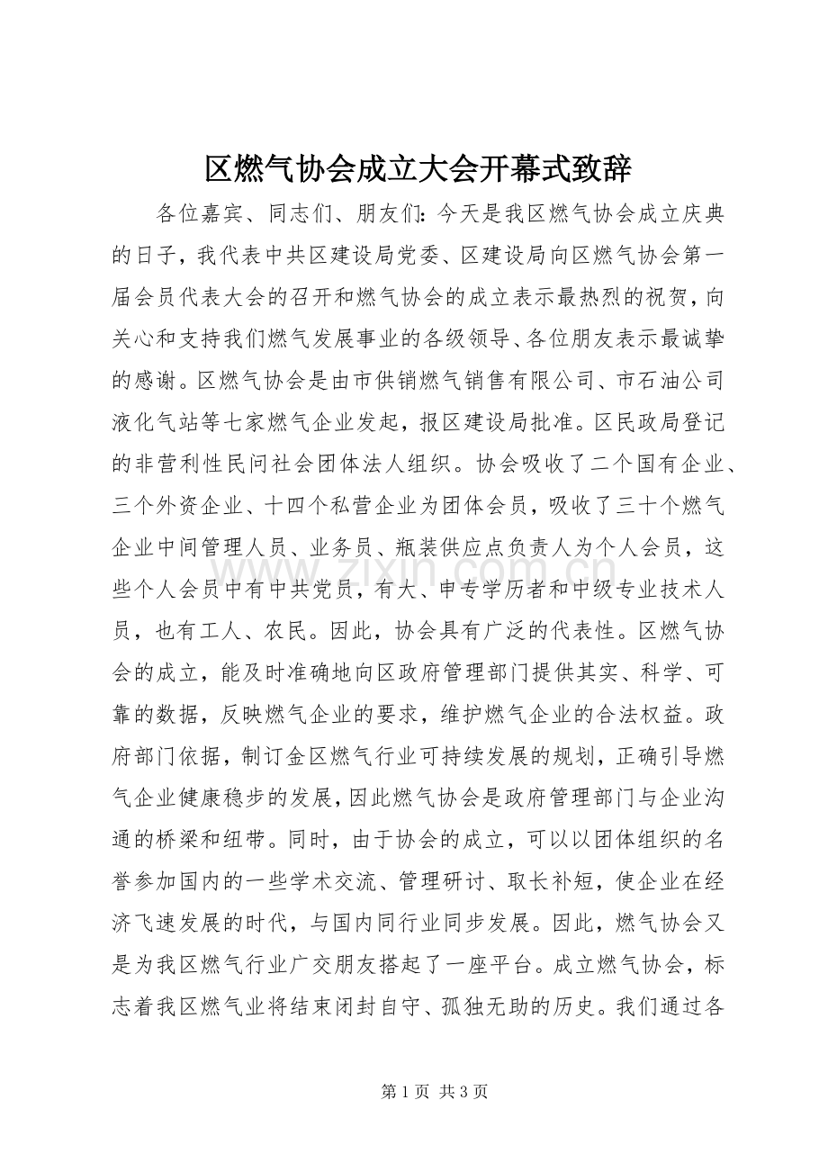 区燃气协会成立大会开幕式演讲致辞.docx_第1页