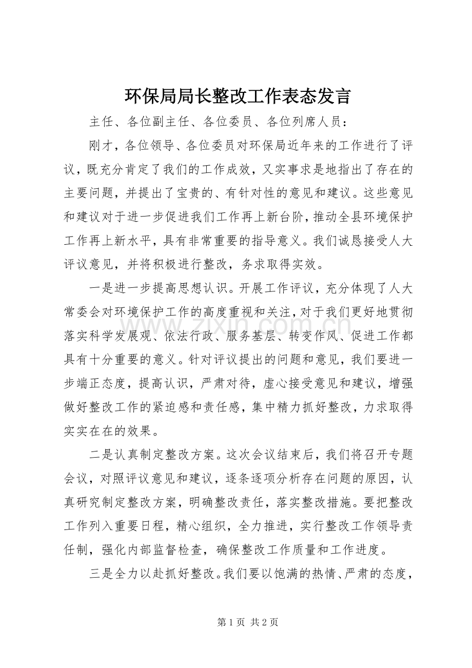 环保局局长整改工作表态发言稿.docx_第1页