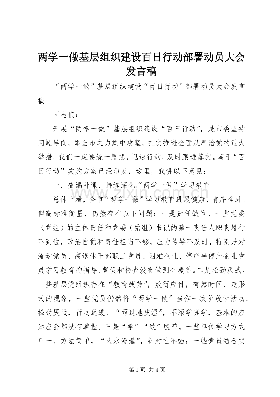 两学一做基层组织建设百日行动部署动员大会发言.docx_第1页