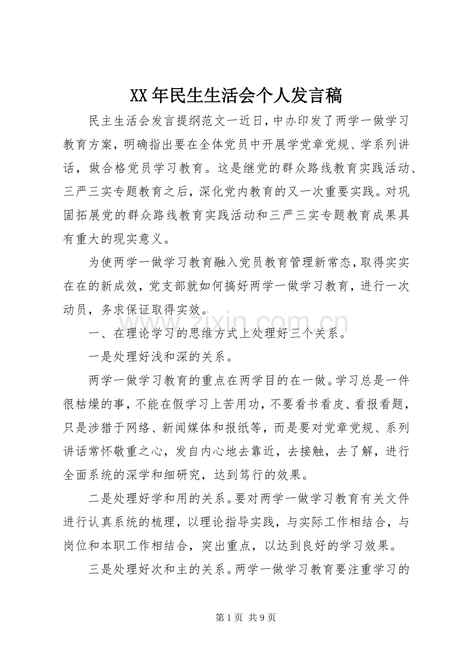 XX年民生生活会个人发言.docx_第1页