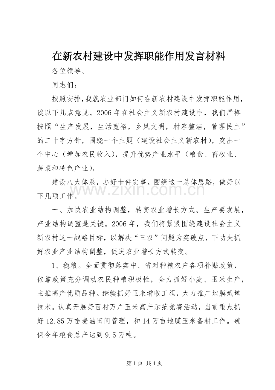 在新农村建设中发挥职能作用发言材料提纲范文.docx_第1页