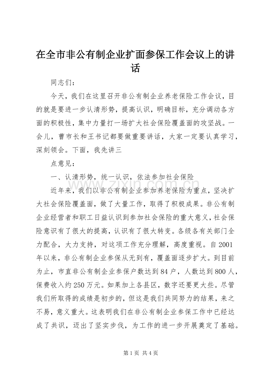 在全市非公有制企业扩面参保工作会议上的讲话.docx_第1页