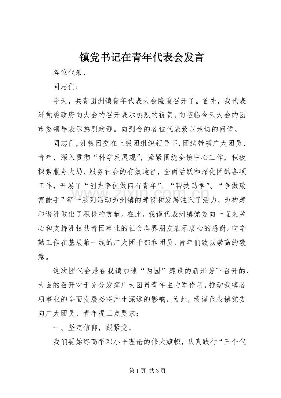 镇党书记在青年代表会发言稿.docx_第1页