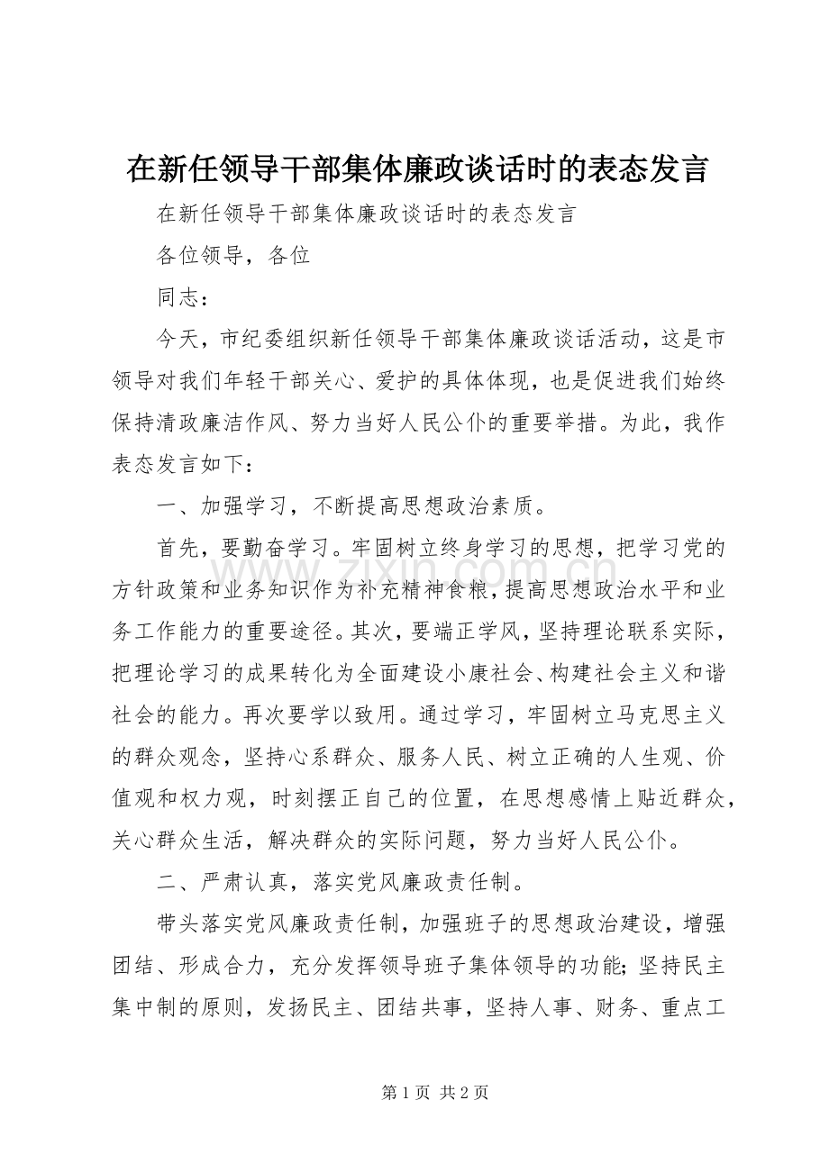 在新任领导干部集体廉政谈话时的表态发言.docx_第1页