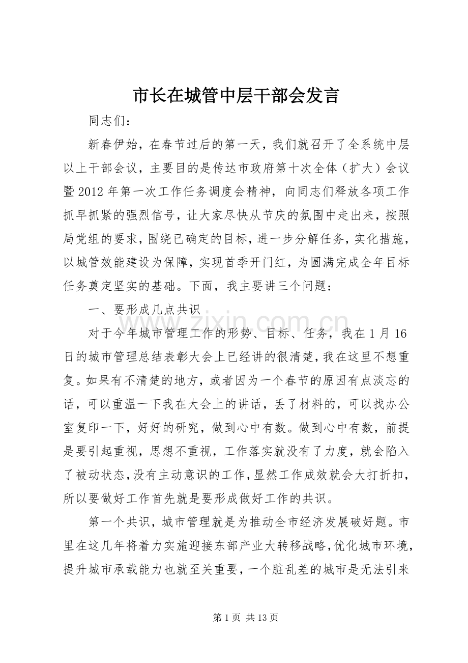 市长在城管中层干部会发言稿.docx_第1页