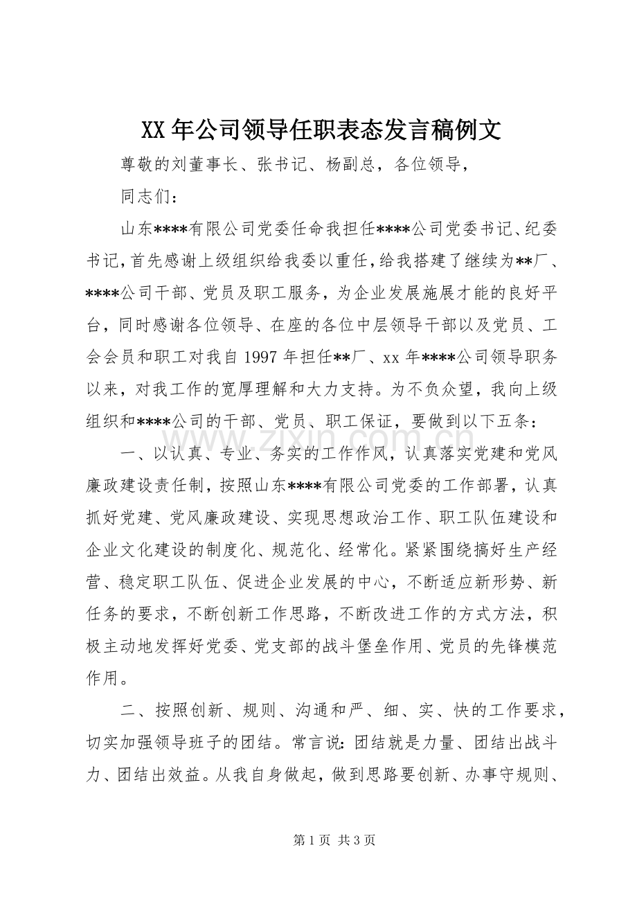 XX年公司领导任职表态发言例文.docx_第1页