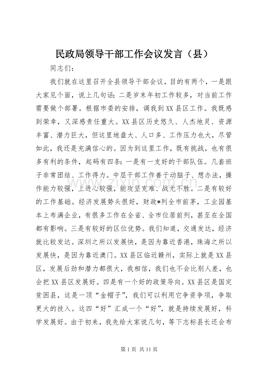 民政局领导干部工作会议发言稿（县）.docx_第1页