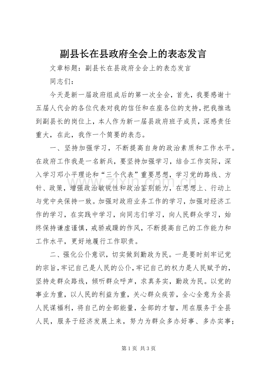 副县长在县政府全会上的表态发言稿.docx_第1页