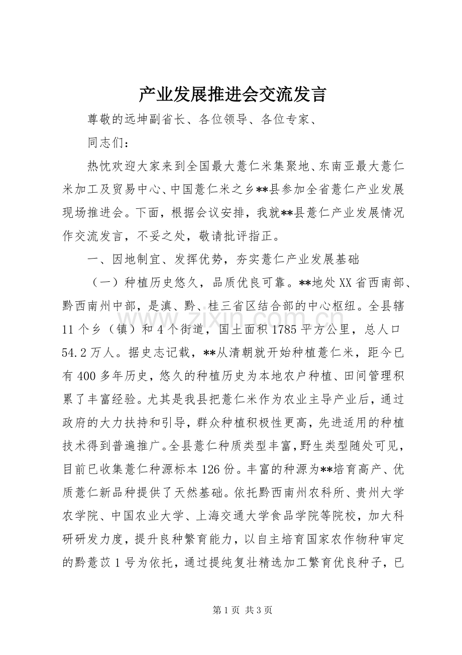 产业发展推进会交流发言稿.docx_第1页