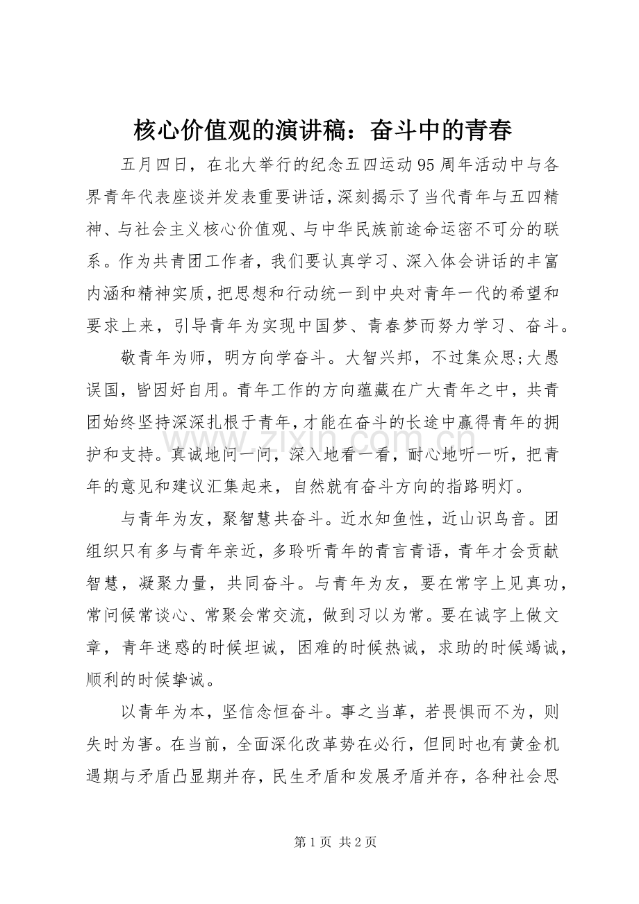 核心价值观的演讲稿：奋斗中的青春.docx_第1页