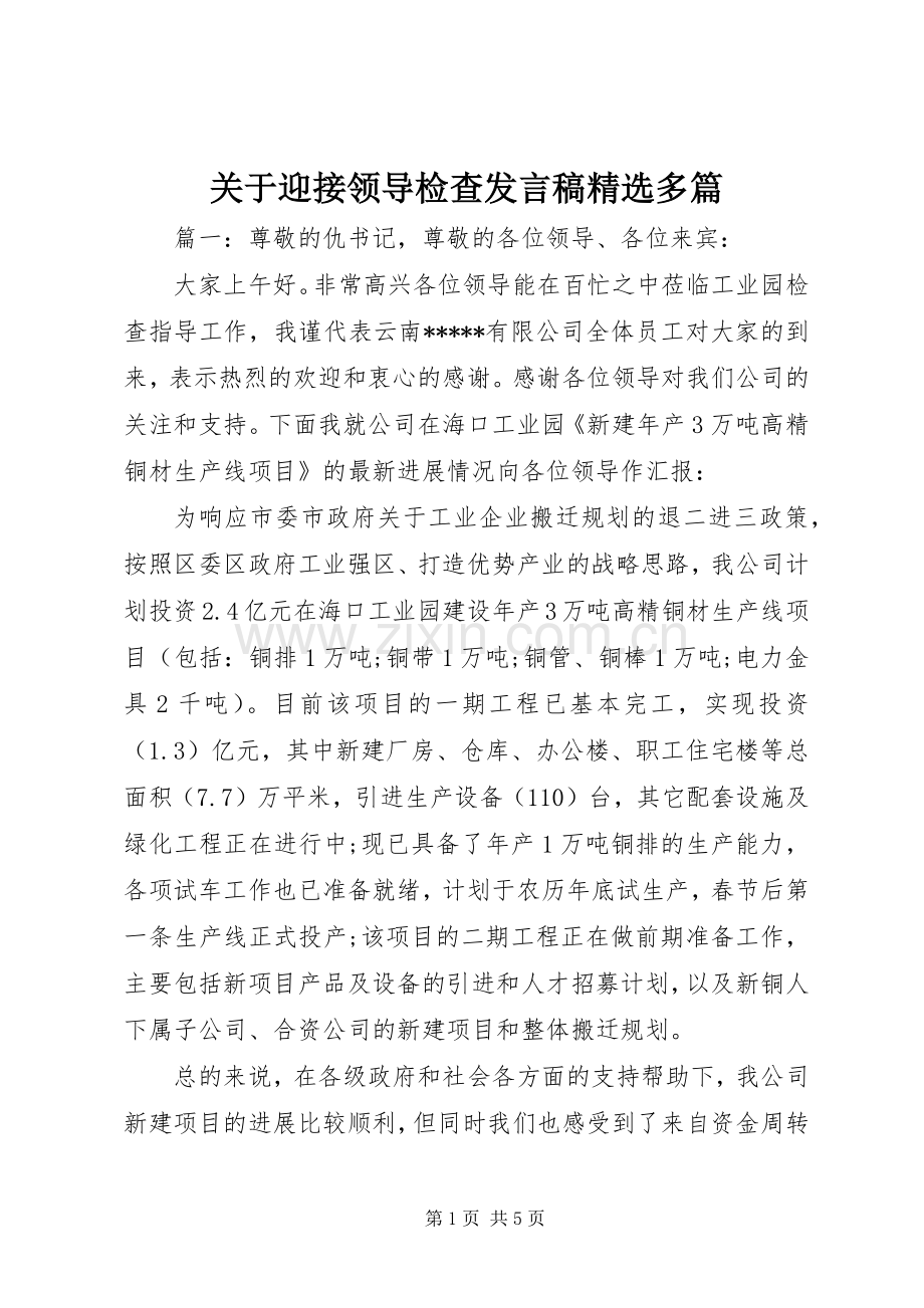 关于迎接领导检查发言多篇.docx_第1页