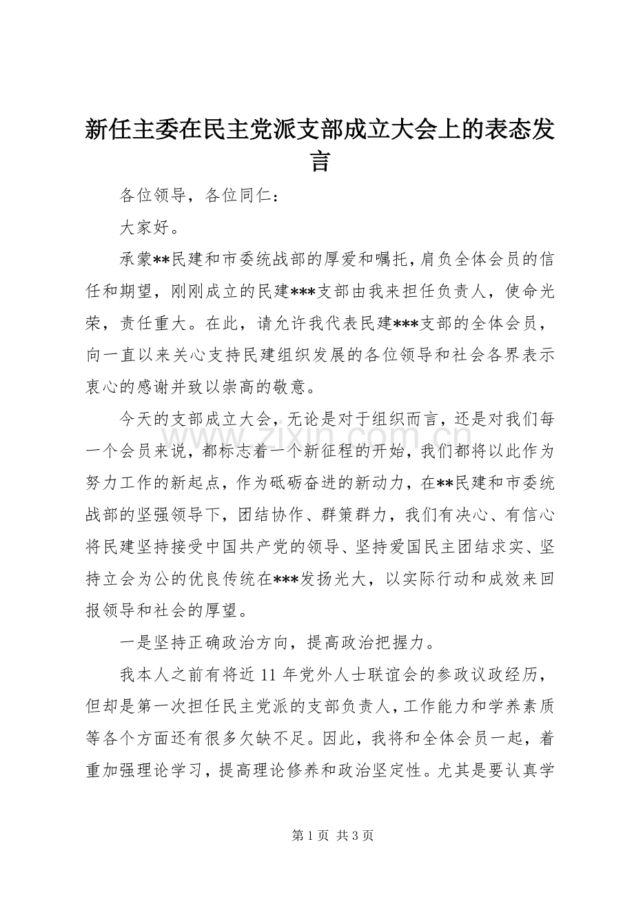 新任主委在民主党派支部成立大会上的表态发言稿.docx_第1页