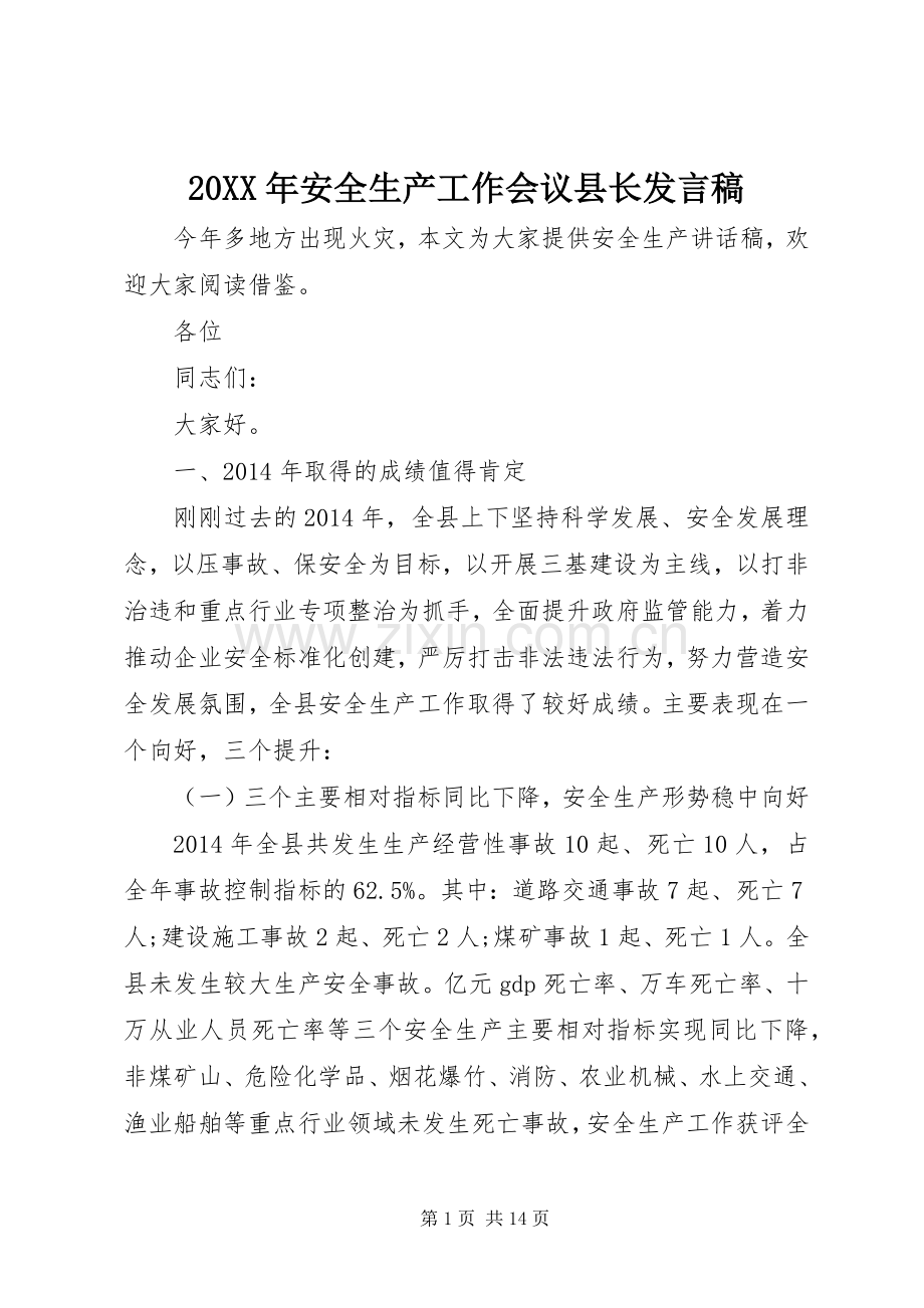 20XX年安全生产工作会议县长发言.docx_第1页