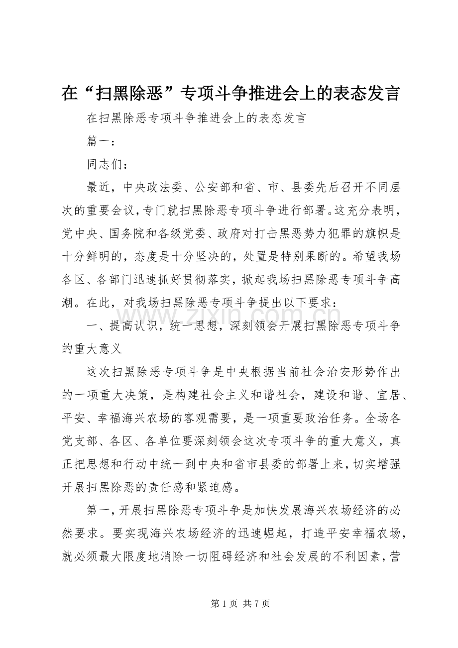 在“扫黑除恶”专项斗争推进会上的表态发言稿.docx_第1页