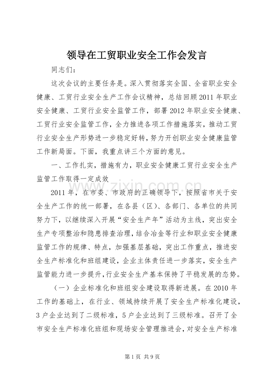 领导在工贸职业安全工作会发言稿.docx_第1页