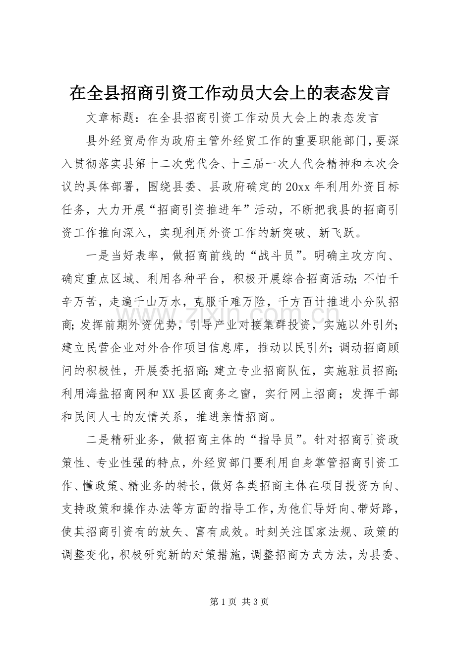 在全县招商引资工作动员大会上的表态发言稿.docx_第1页