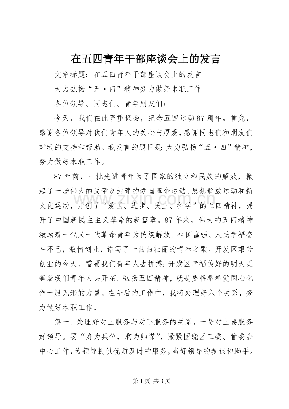 在五四青年干部座谈会上的发言稿 (3).docx_第1页