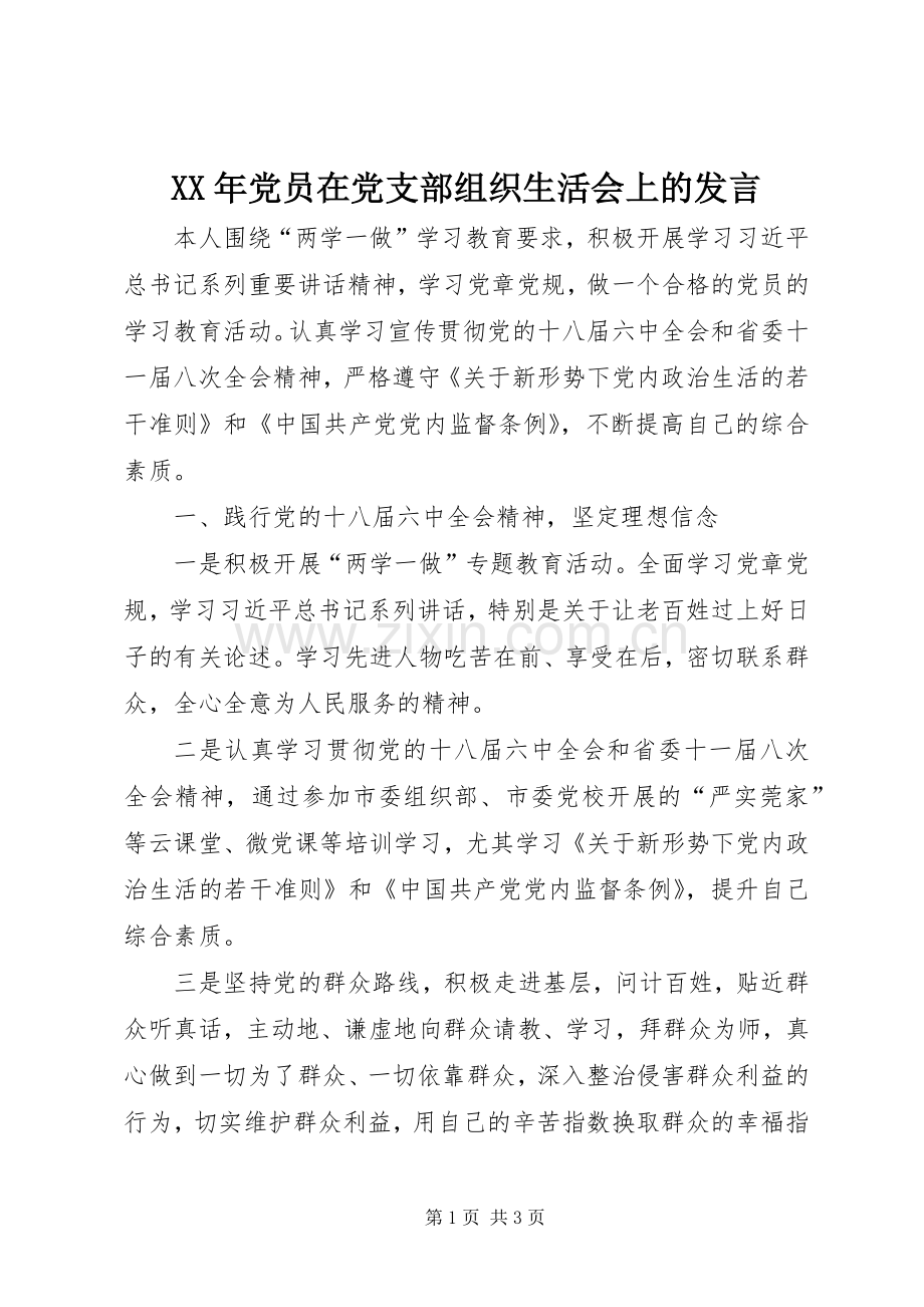 XX年党员在党支部组织生活会上的发言稿.docx_第1页