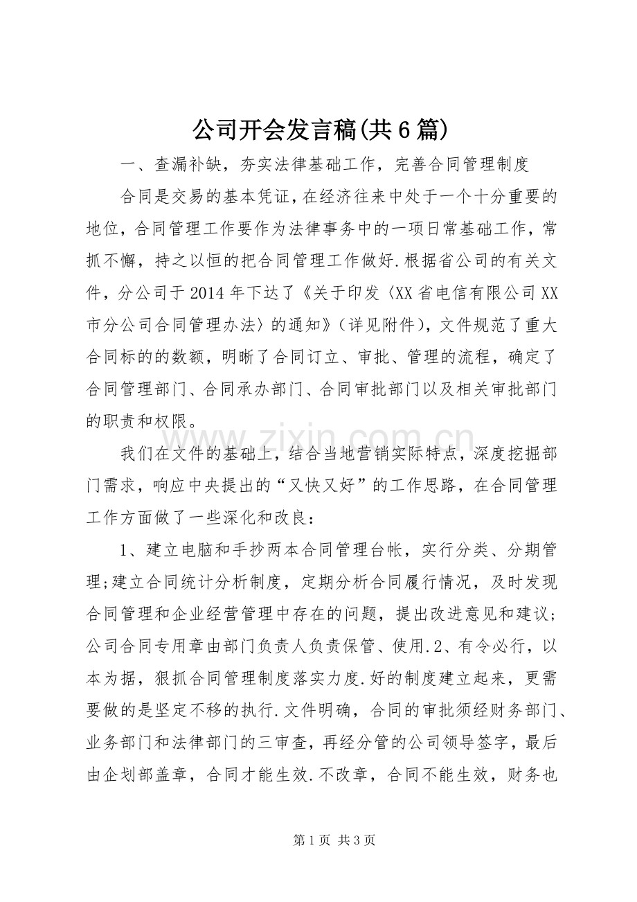 公司开会发言(共6篇).docx_第1页