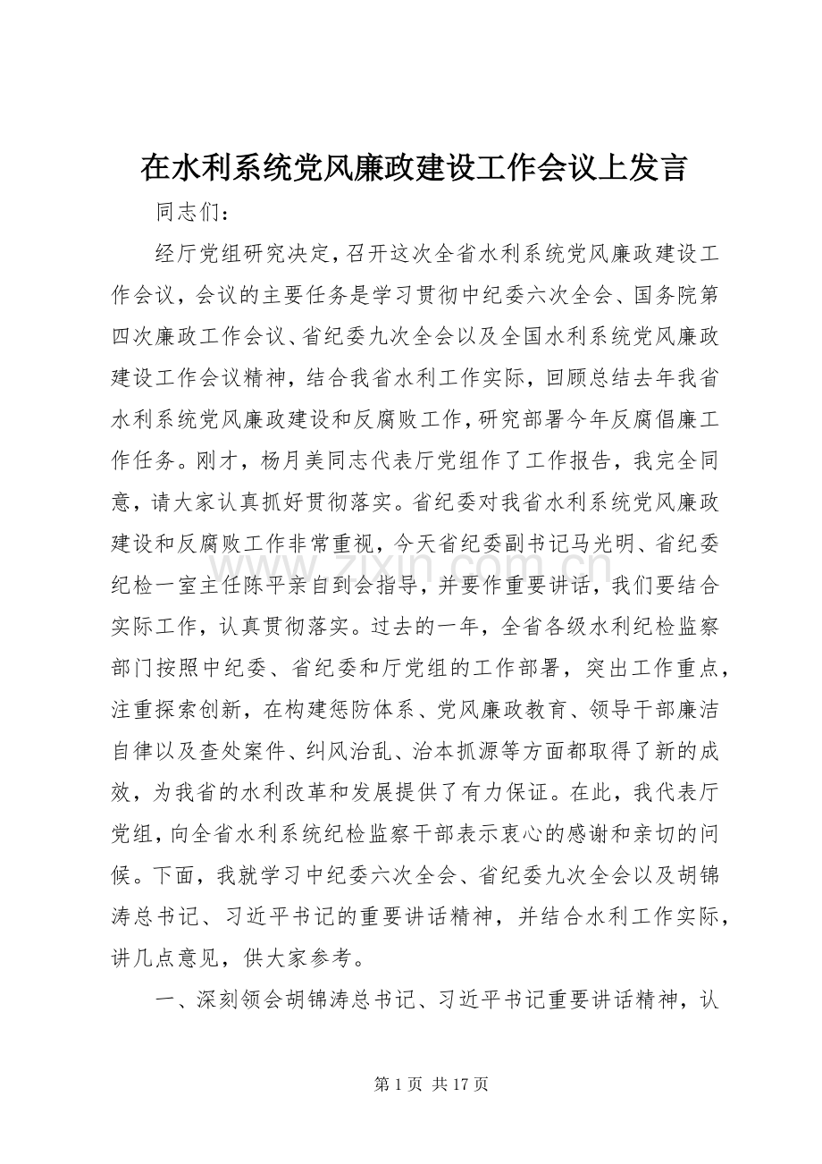 在水利系统党风廉政建设工作会议上发言稿.docx_第1页