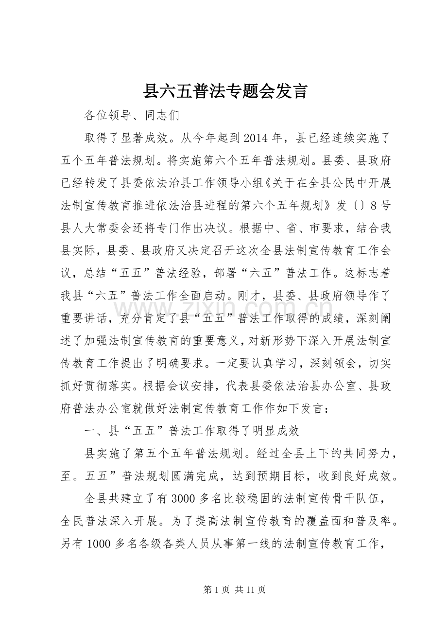 县六五普法专题会发言稿.docx_第1页