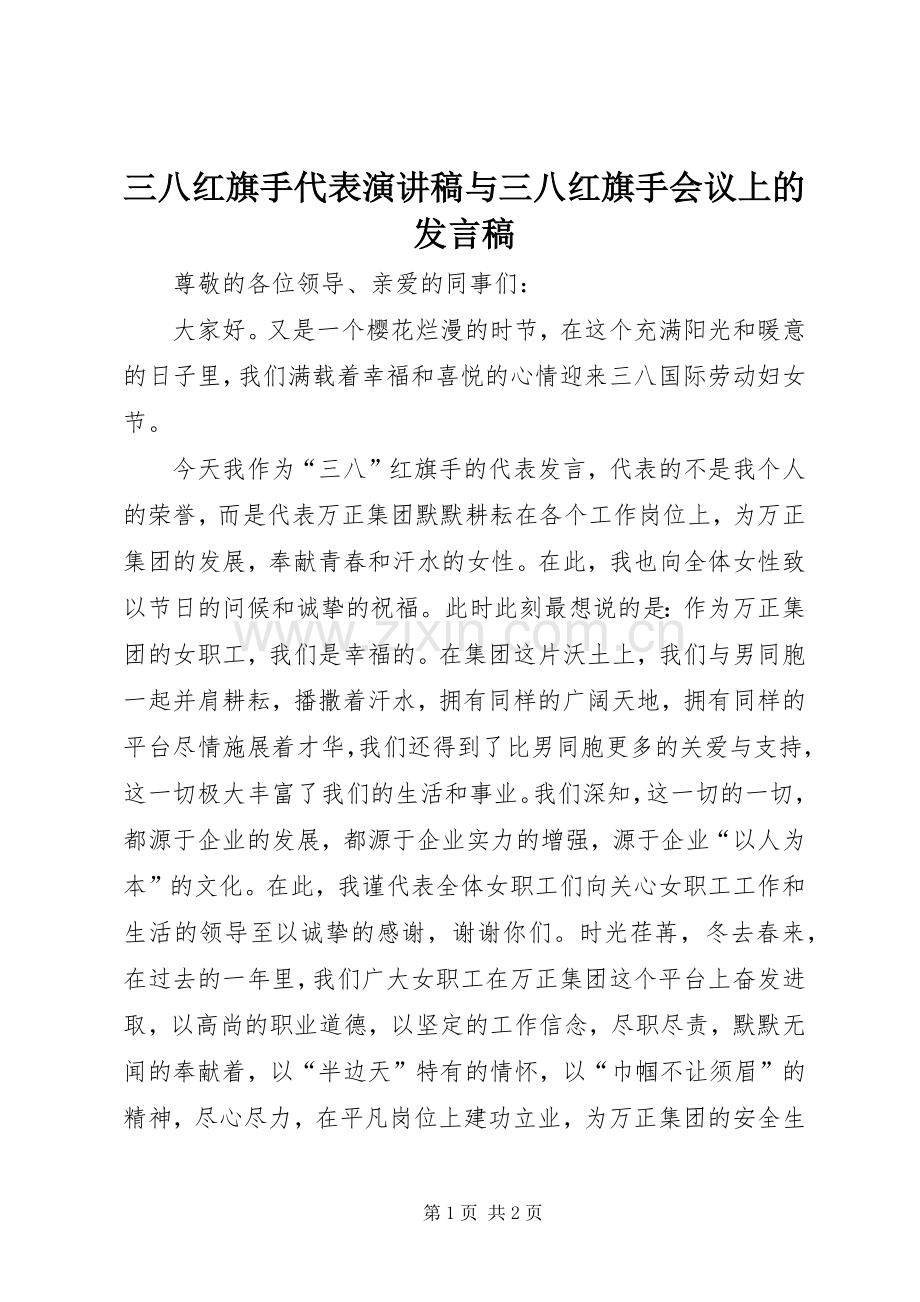 三八红旗手代表演讲稿与三八红旗手会议上的发言稿范文.docx_第1页