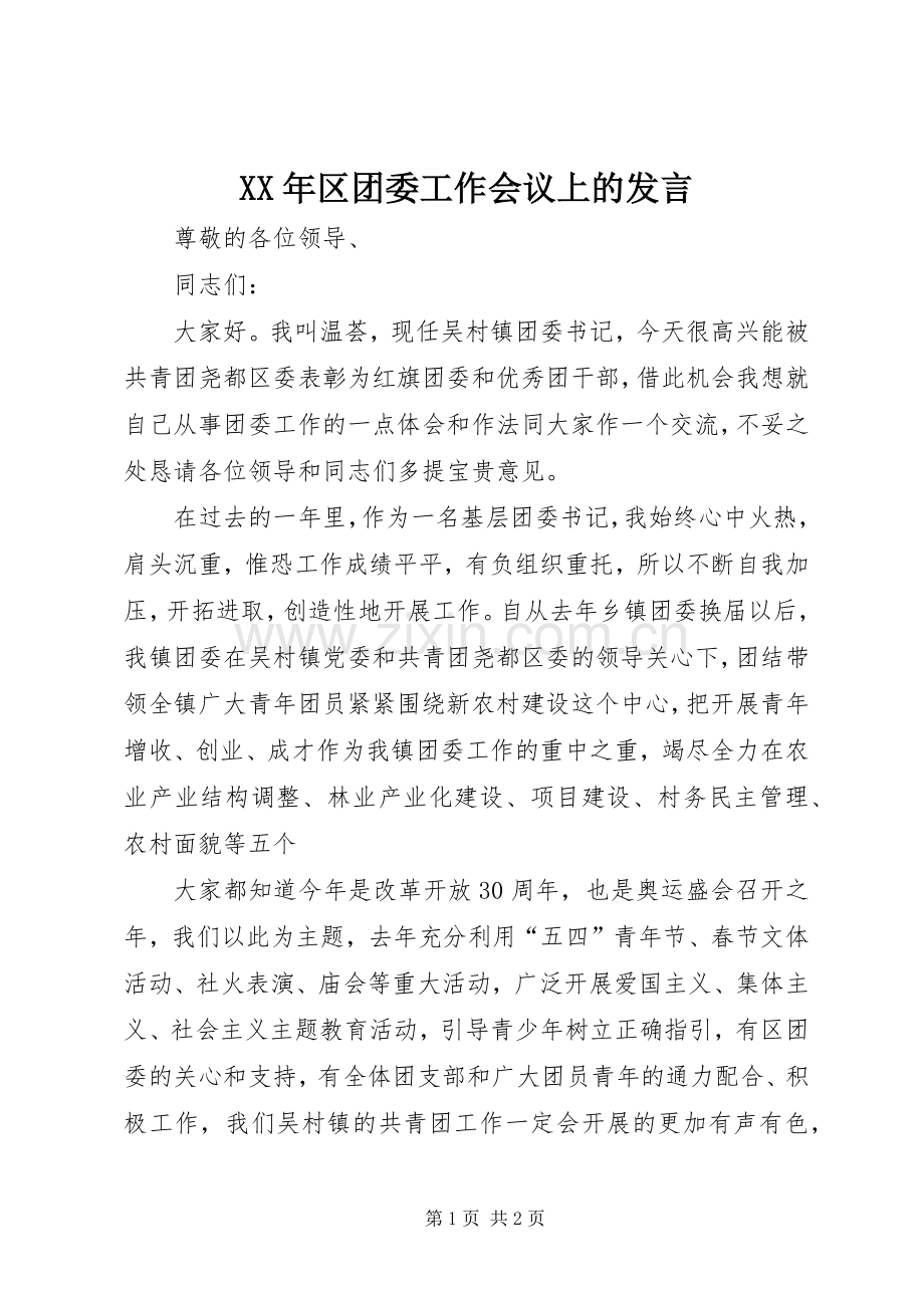 XX年区团委工作会议上的发言稿.docx_第1页