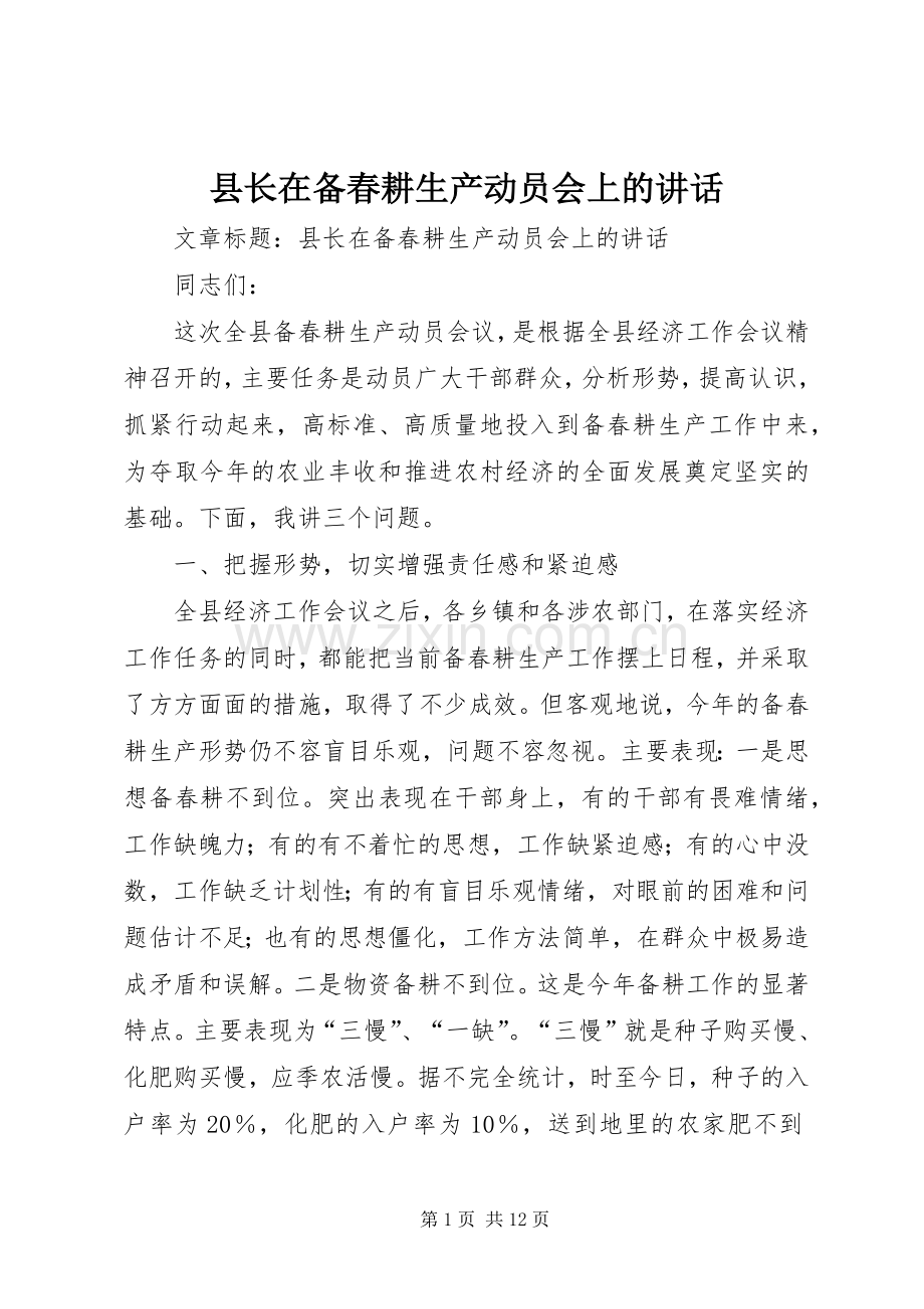 县长在备春耕生产动员会上的讲话.docx_第1页