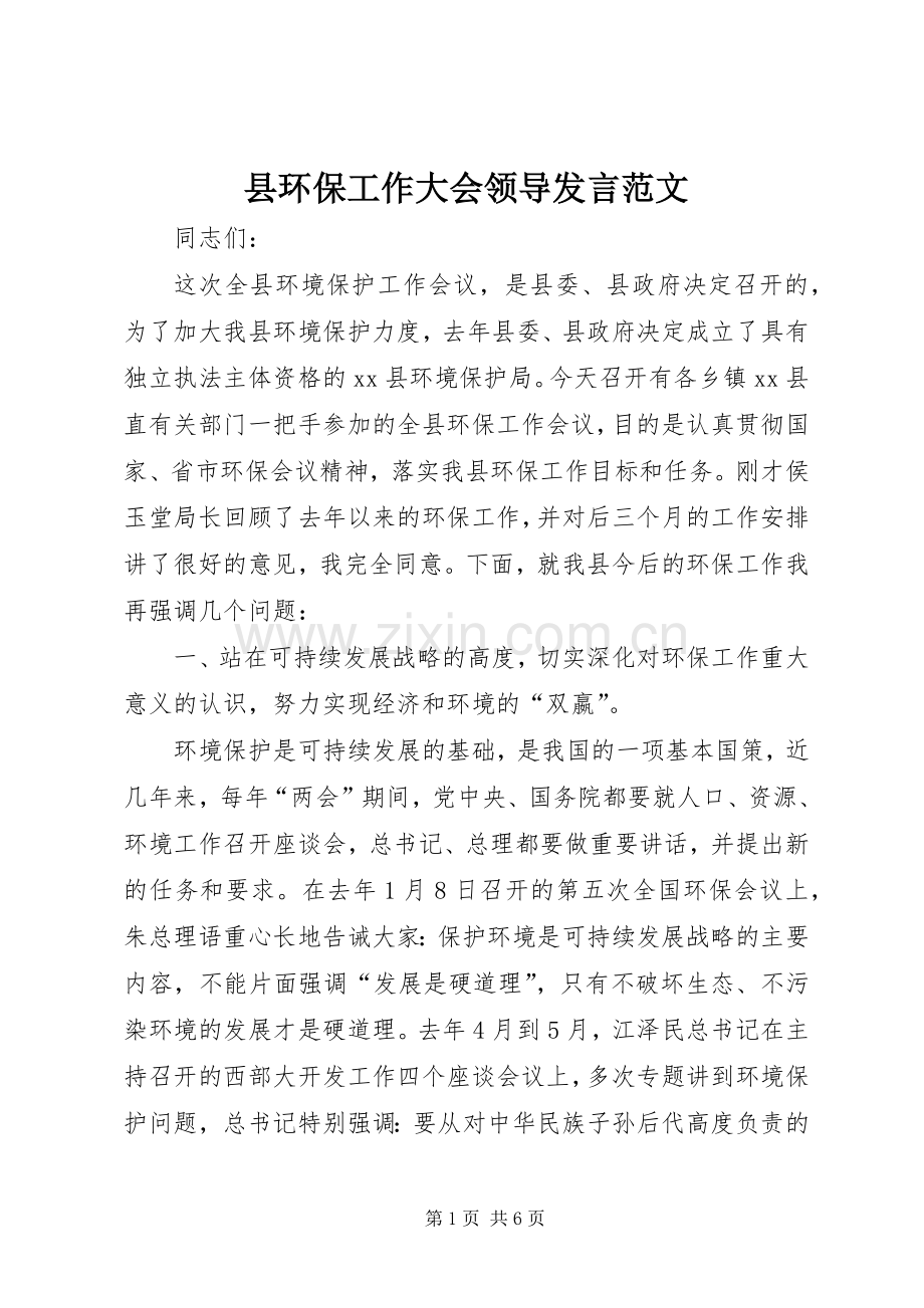 县环保工作大会领导发言稿范文.docx_第1页