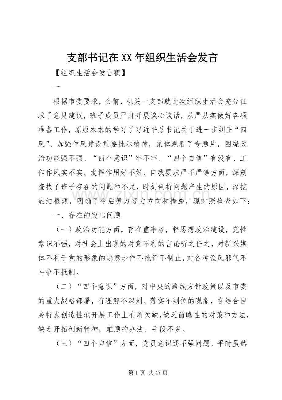 支部书记在XX年组织生活会发言稿.docx_第1页