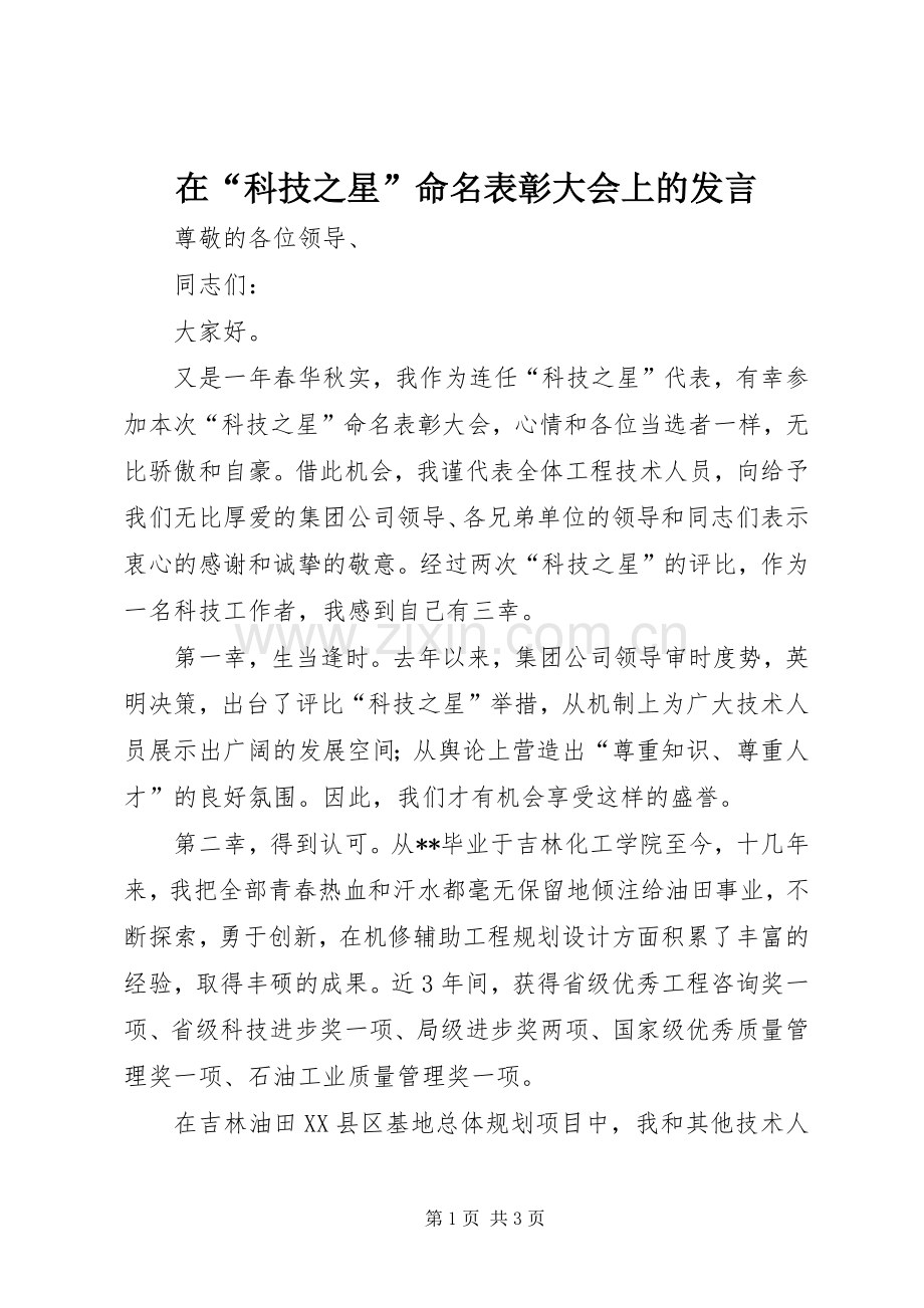 在“科技之星”命名表彰大会上的发言稿.docx_第1页