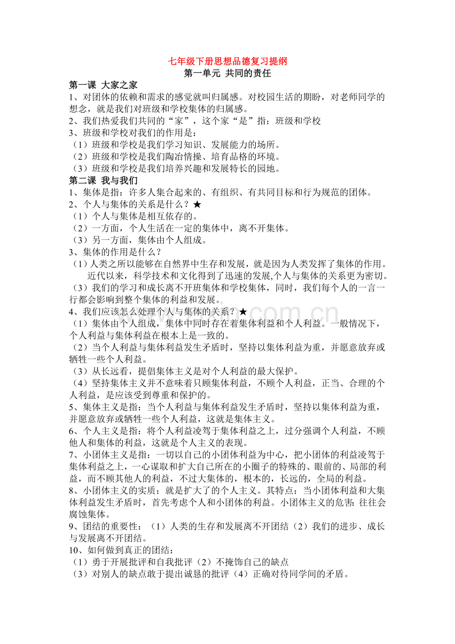 教科版七年级下册政治复习提纲.doc_第1页