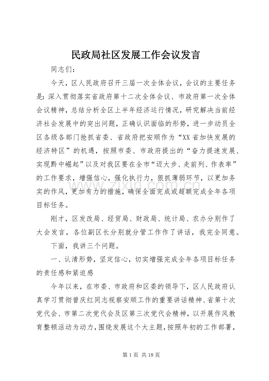 民政局社区发展工作会议发言稿.docx_第1页